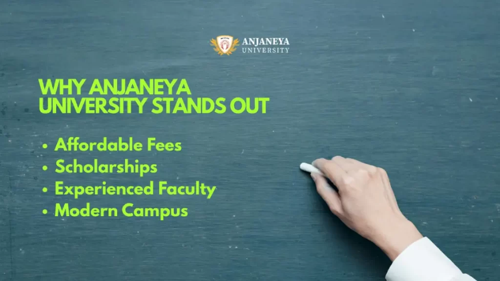 Hand writing on chalkboard with Anjaneya University highlights: affordable fees, scholarships, experienced faculty, modern campus.