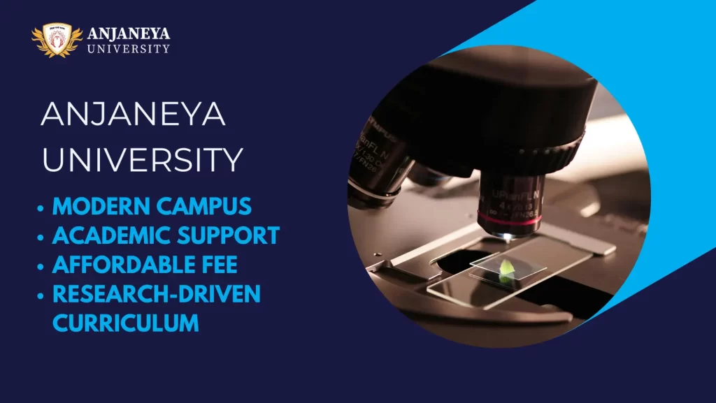 Microscope examining a sample beside text highlighting Anjaneya University's modern campus, academic support, affordable fee, and research-driven curriculum.