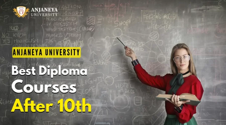 Female teacher pointing at a chalkboard with diagrams while holding a book, alongside text promoting Anjaneya University’s best diploma courses after 10th.