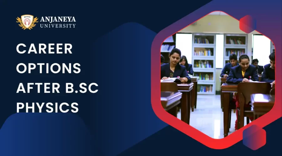 Students studying in a university library with the text “Career Options After B.Sc Physics” displayed on a blue background.