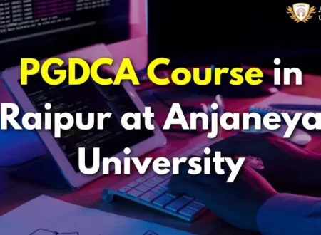PGDCA course in Raipur at Anjaneya University displayed on a digital workspace background with coding screens.