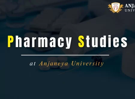 Pharmacy studies banner featuring medicines and medical equipment with the text “Pharmacy Studies at Anjaneya University.”