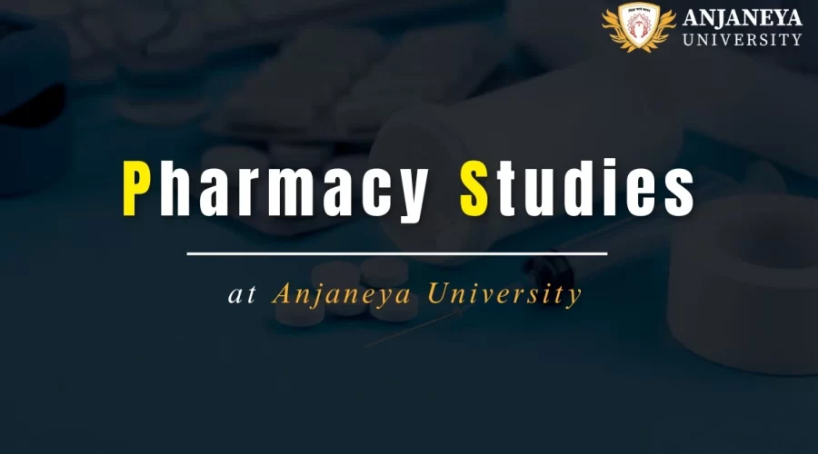 Pharmacy studies banner featuring medicines and medical equipment with the text “Pharmacy Studies at Anjaneya University.”