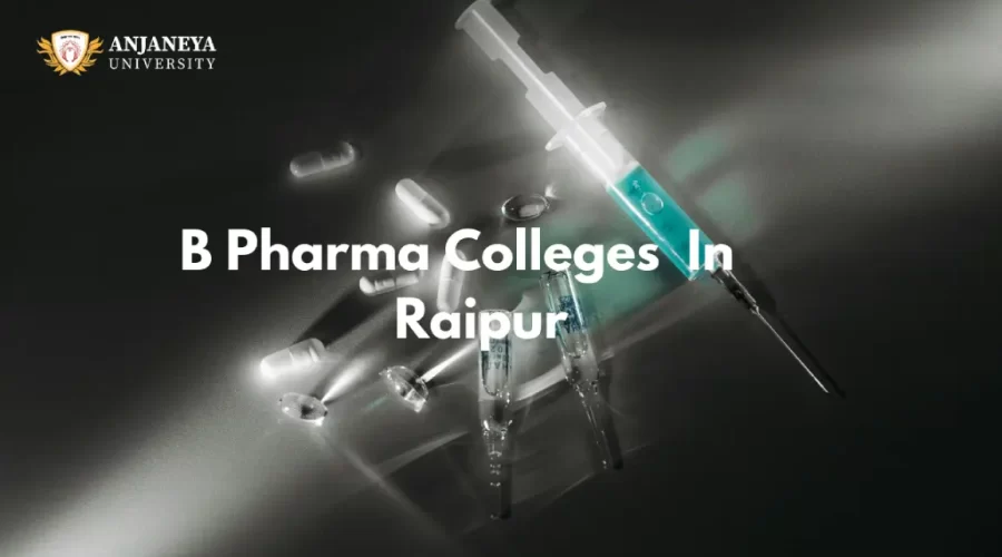 B Pharma Colleges in Raipur - syringe, capsules, and vials on a dark surface representing pharmaceutical studies.