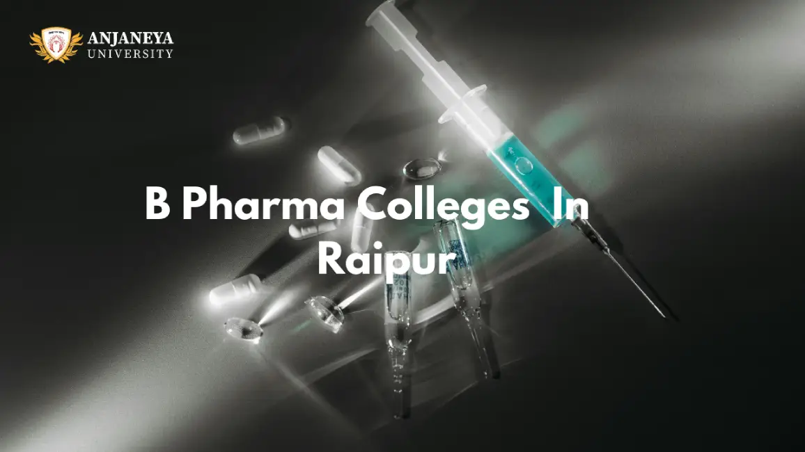 B Pharma Colleges in Raipur - syringe, capsules, and vials on a dark surface representing pharmaceutical studies.
