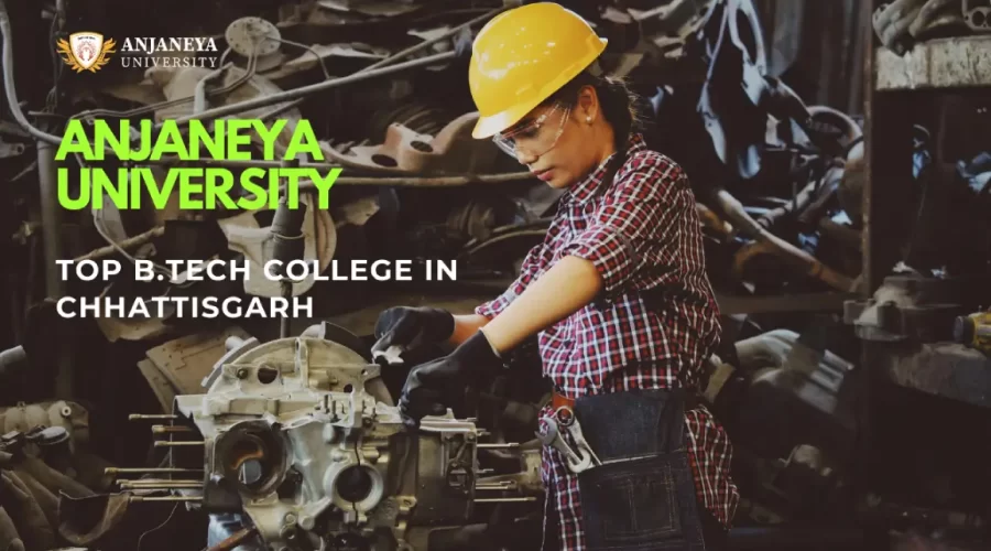 Female engineering student working on mechanical equipment during B.Tech practical training at Anjaneya University in Chhattisgarh
