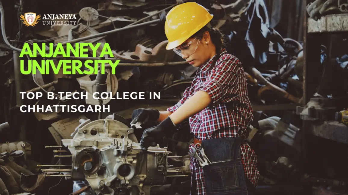 Female engineering student working on mechanical equipment during B.Tech practical training at Anjaneya University in Chhattisgarh