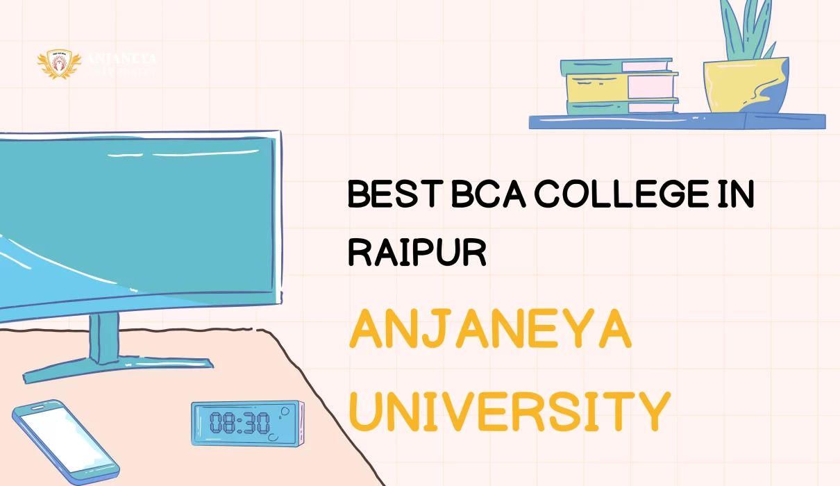 Illustration showing a computer desk with monitor and text highlighting Best BCA College in Raipur Anjaneya University