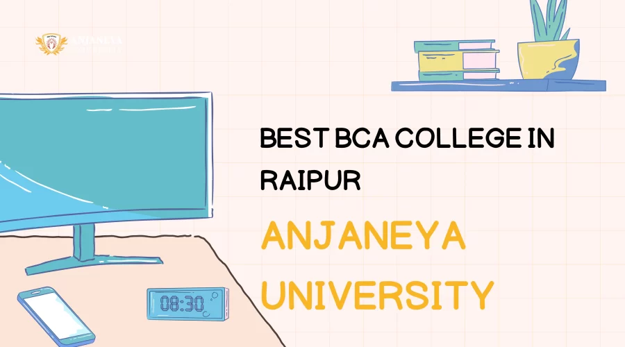 Illustration showing a computer desk with monitor and text highlighting Best BCA College in Raipur Anjaneya University