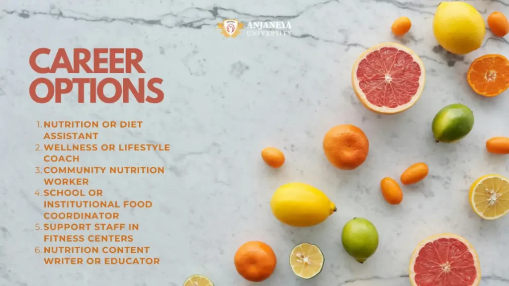 Career options after Diploma in Nutrition shown with fresh fruits and healthy food visuals