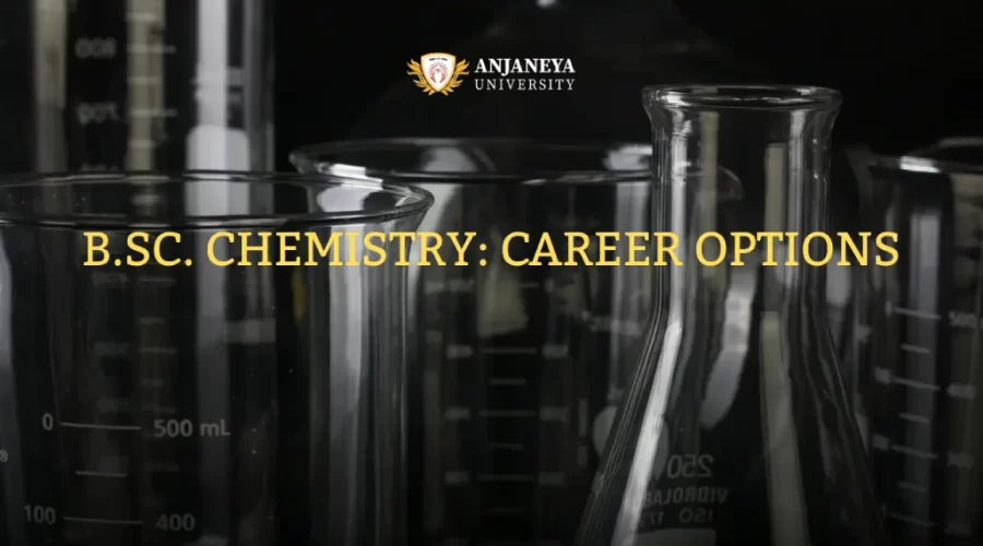 Laboratory glassware including beakers and flasks with text “B.Sc. Chemistry: Career Options” and the Anjaneya University logo.