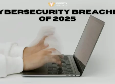 Hands typing on a laptop representing cybersecurity breaches of 2025