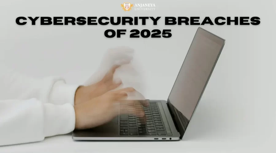 Hands typing on a laptop representing cybersecurity breaches of 2025