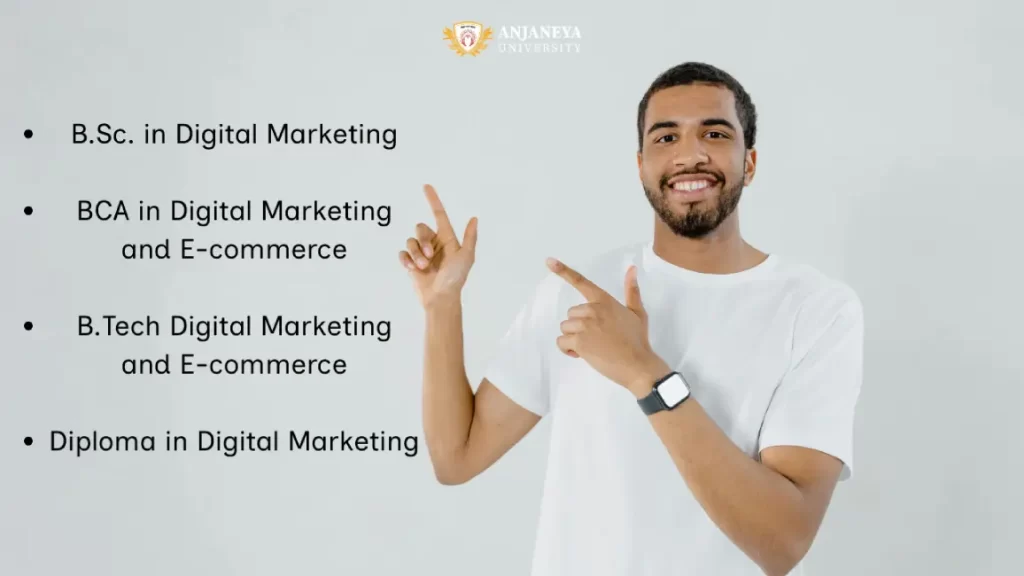 Smiling student pointing towards a list of digital marketing courses offered by Anjaneya University, including B.Sc., BCA, B.Tech, and Diploma programs.