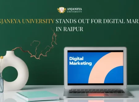 Laptop displaying a digital marketing graphic on a desk with a vase, notebook, and green background, alongside text saying “Why Anjaneya University Stands Out for Digital Marketing in Raipur.