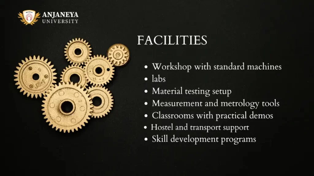 Anjaneya University facilities list displayed beside golden mechanical gears on a black background, highlighting workshops, labs, testing setups, and skill development programs.