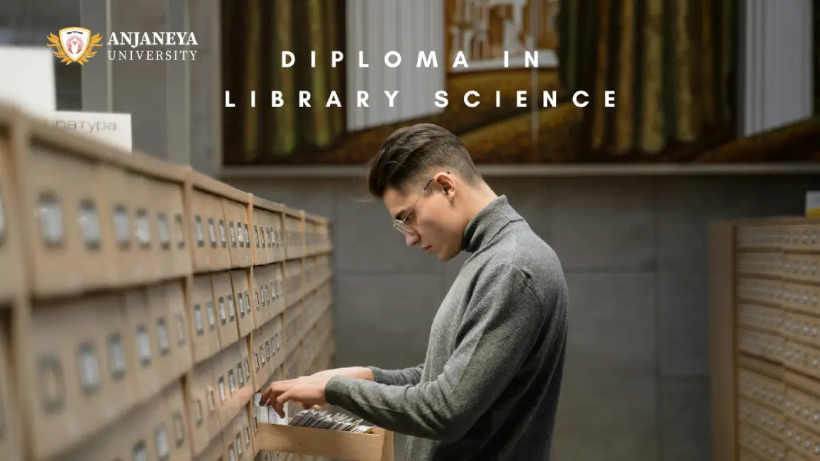 A student browsing through a library card catalog drawer at Anjaneya University, representing the Diploma in Library Science program.
