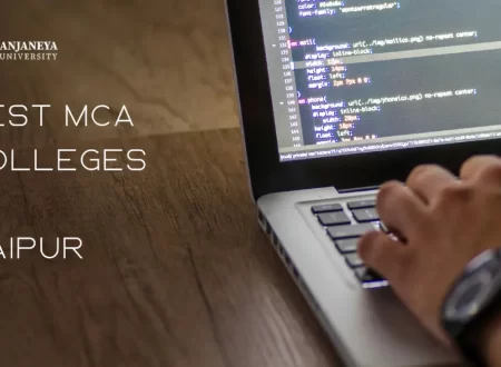 Person coding on a laptop with programming code on screen, showcasing Anjaneya University banner and text ‘Best MCA Colleges in Raipur’.