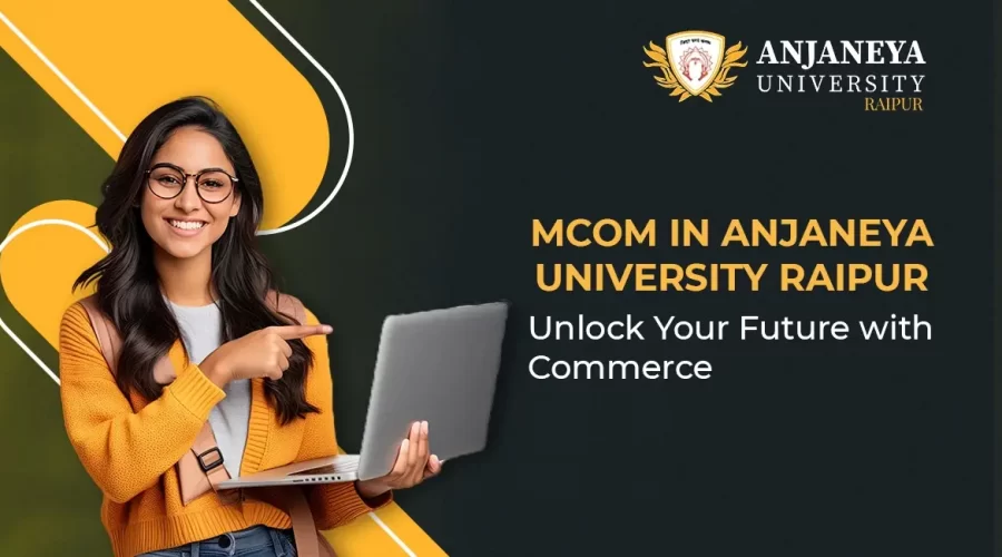 Student promoting MCom in Anjaneya University Raipur with laptop and university branding